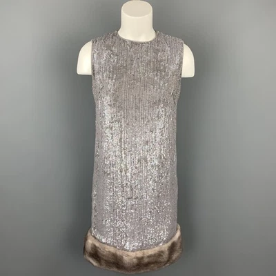 NORMAN AMBROSE Taille 4 Gris Soie Pailleté Vison Fourrure Panneau Fourreau - Photo 1/4