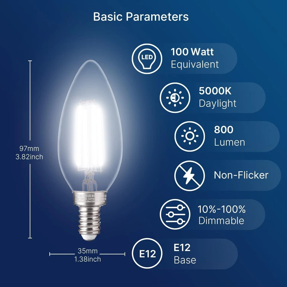 800LM Dimmable LED Bulbs 5000K Daylight, E12 Base - 12 Pack - Image 4 of 4
