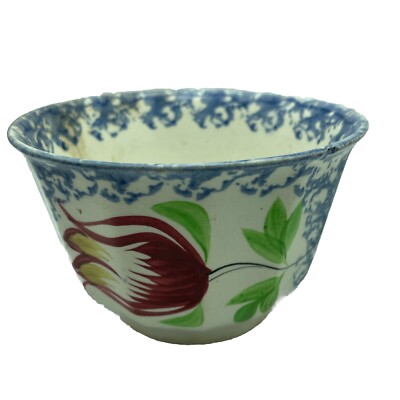 Antique Spongeware Tulip Design Soup Porridge Bowl Blue Cut Sponge 1910 Paneled