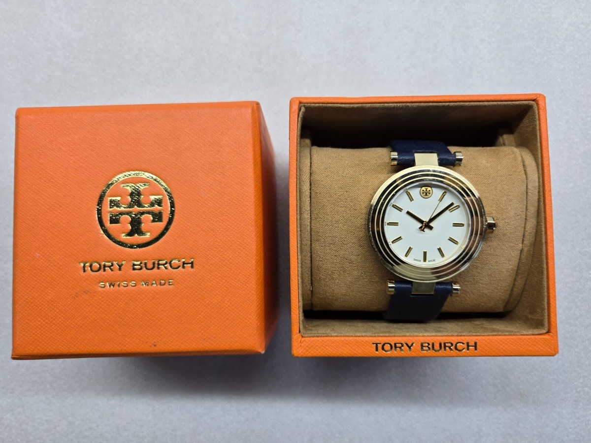TORY BURCH CLASSIC T IVORY DIAL NAVY LEATHER STRAP WOMEN'S WATCH