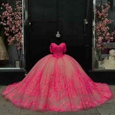 Pink Princess Quinceanera Dresses Ball Gown Applique Off Shoulder SparklySweet16