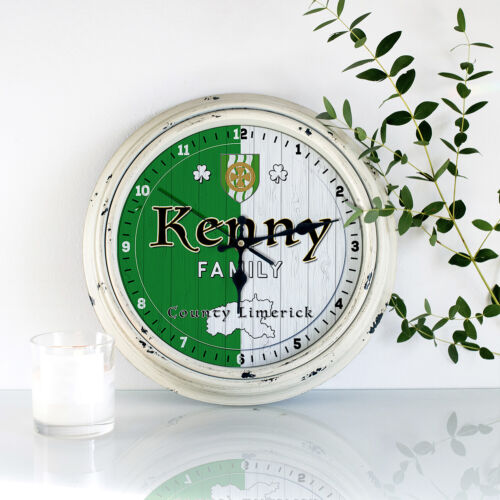 Personalised Wall Clock County Limerick Round Glass Irish Family Name Gift ICL19 - Picture 1 of 16