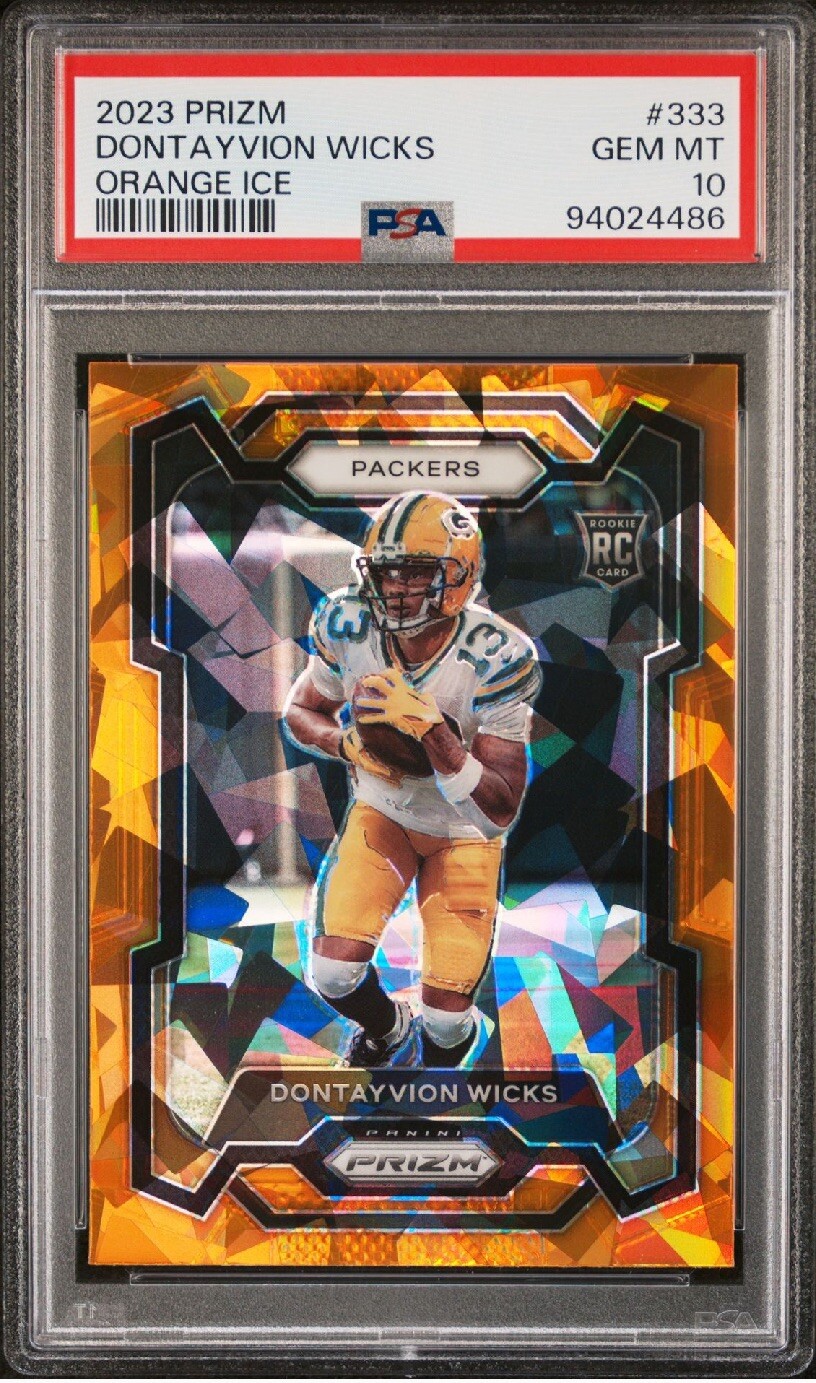 2023 Panini Prizm DONTAYVION WICKS Orange Ice Rookie #333 RC Packers PSA 10