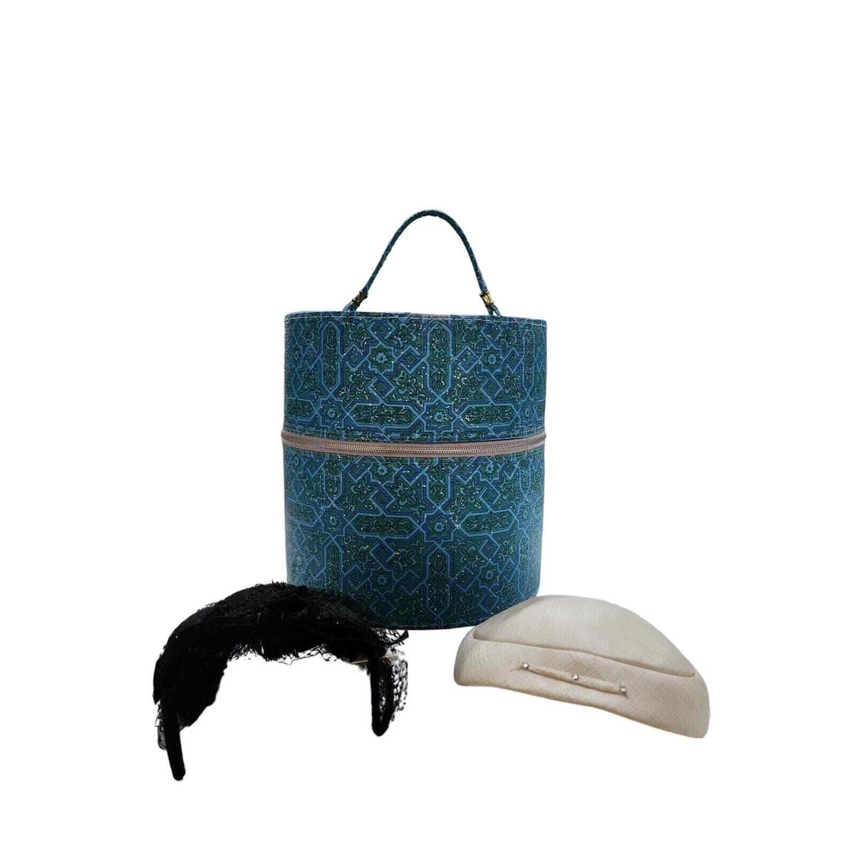 VTG Wig Hat Box Travel Case w Handle Green blue mid century 