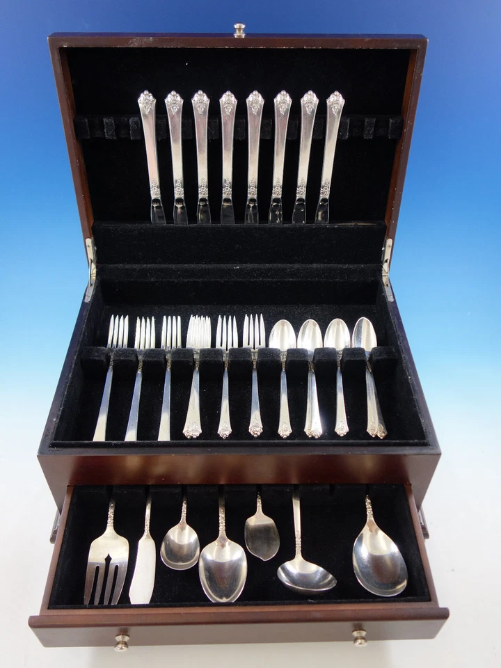 Juego de cubiertos Castle Rose de Royal Crest de plata de ley 8 servicio 39 piezas rejilla Foto 3 de 4