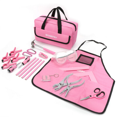 WORKPRO 23 Pieces Pink Kid Tool Kit Home DIY Woodworking Practice Real Hand Tool