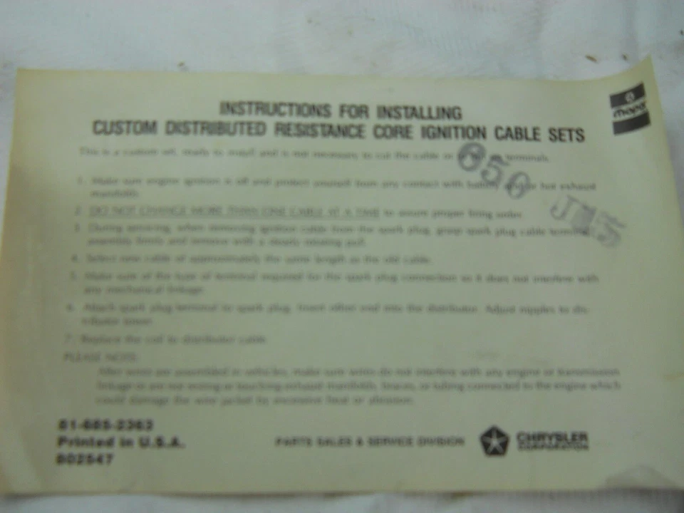 JUEGO DE CABLES ENCHUFABLES DODGE CHRYSLER PLYMOUTH MOPAR 4240432 NOS 4 CICLOS Foto 3 de 4