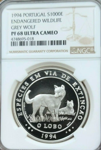 1994 PORTUGAL SILVER 1000 ESCUDOS GREY WOLF NGC PF 68 ULTRA CAMEO VERY SCARCE 