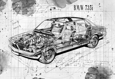 Line Tech Zeichnung BMW 735i Cutaway Kunst Poster Druck