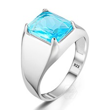 925 Sterling Silver Simple Design Octagon Aquamarine Stone Turkish Men's Ring