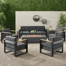 Outdoor Aluminum 7 Seater Chat Set with Fire Pit, Black, Natural, and Dark Gray