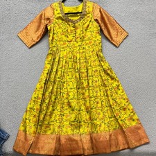 Anarkali Dress Womens 36 Yellow Floral Sequins Diwali Hendi Celebration Colorful