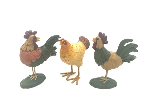 2010 A. Betty Farm Barnyard Miniature Resin Wire Chicken Rooster Hen Set of 3