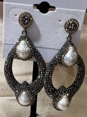 Gemstone 925 Gold Plated Crystal Pave Border . Turkish Made Statement Earrings - Image 1 of 2