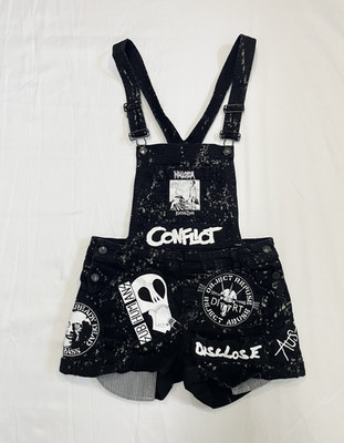 Handmade Black Bleached Punk Battle Denim Overall Shorts Adjustable Strap S