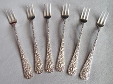 Repousse by Stieff Sterling Silver ~ 6 Oyster/Seafood/Cocktail Forks ~ 5 1/2"