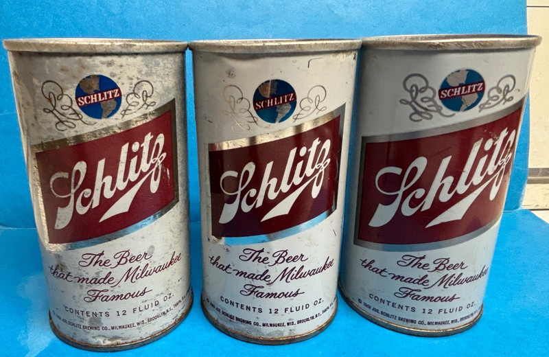 3 DIFF. -VANITY LID 1971 SCHLITZ STRAIGHT STEEL PULL TAB BEER CANS MILWAUKEE WI.