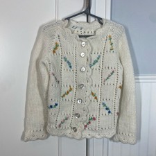 Vintage Handmade Knitted Embroidered Floral Cardigan Cottagecore size 5