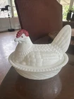 Vintage Westmoreland Milk Glass Hen on Nest Covered Dish 5.5 Split Tail Red Comb