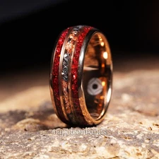 Mens Tungsten Wedding Band Ruby Meteorite Rose Gold 8mm Durable Comfort Fit Ring