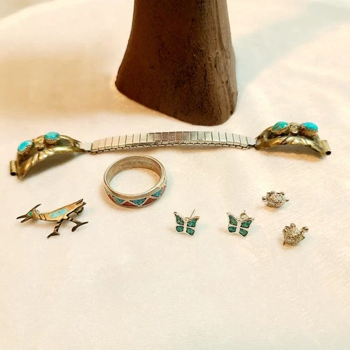 Vintage Silver/Turquoise Navajo Watch Band Jewelry Lot Ring Earrings Pin