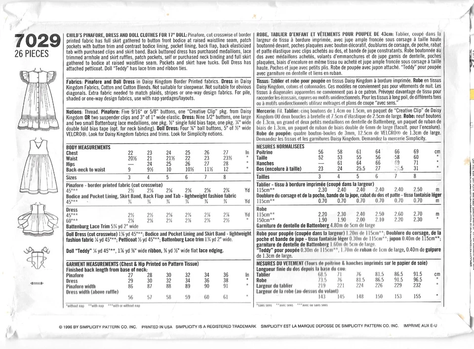 3 Daisy Kingdom Child's Pinafore Dress Doll Clothes 7605 7029 Sz 3-6 7281 Sz 5-8 - Image 4 of 4