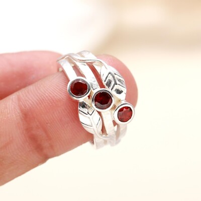 Sterling Silver Round Natural Garnet Bezel January Ethnic Statement Ring Jewelry