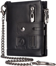 Bill Heart Mens Wallet with Chain Genuine Leather Purse RFID Blocking Bifold Dou