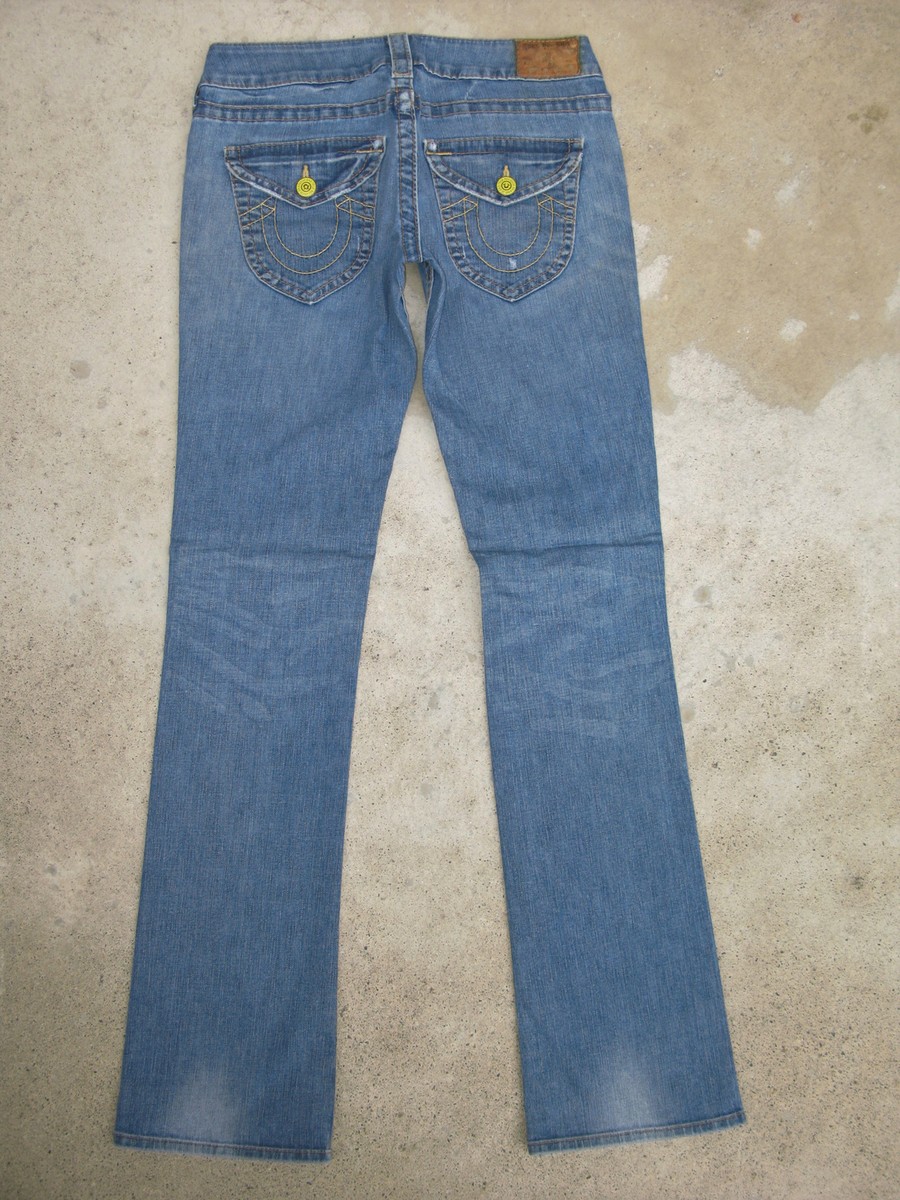 True Religion Billy Straight Flap Jean Women Sz 28 Blue Distressed