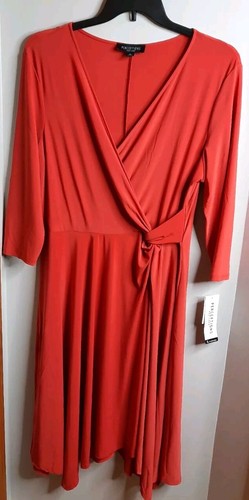 Perceptions New York 3/4 Sleeve Faux Wrap Midi Dress Twist Waist Size XL Rust - Picture 2 of 16