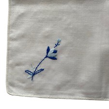 Handkerchief White Hankie Floral Blue Flowers Square 11x11 Embroidered