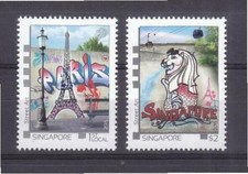 SINGAPOUR 2015 FRANCE ÉMISSION COMMUNE STREET ART - LOT DE 2 TIMBRES TOUR MER...
