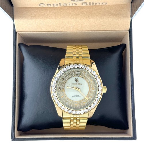 Captain Bling Quartz Gold Stainless Steel Watch:White Dial Diamond-Encrusted - Picture 3 of 6