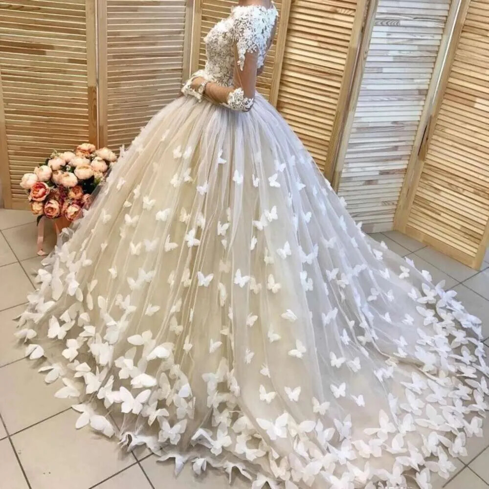 Elegant Wedding Butterfly Appliques Bridal Dress White Long Sleeves Floor  Length | eBay
