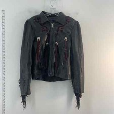 Vintage Usa Dallas Premium Black Leather Fringe Biker Floral Jacket Women 10