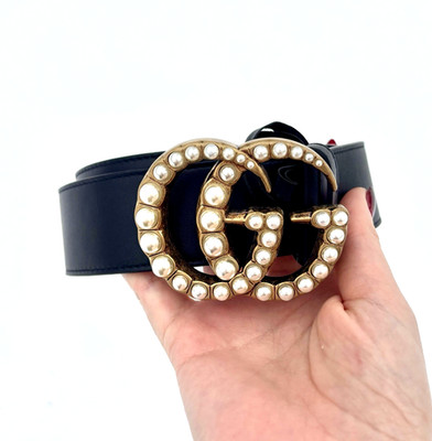 Gucci Pearl Embellished Double GG Buckle Belt Black Leather  display picture 1