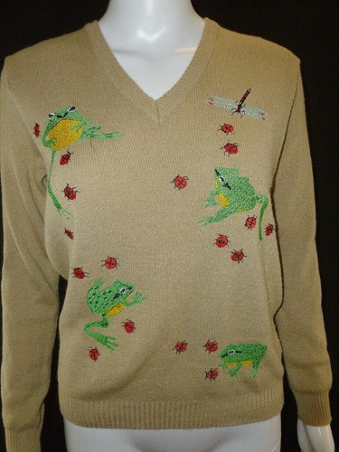 Vintage 70s Cyn Les Shirlee Frog Ladybugs Embroidered Sweater Novelty Groovy M - Picture 2 of 5