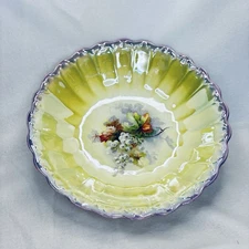 Antique Hand-painted Bowl Berries Floral Scalloped Edge Iridescent Finish