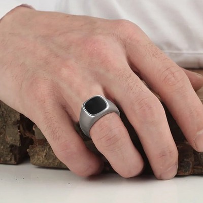 Signet Square Ring Black 12.5mm Stainless Steel Gothic Punk Stamp Men Jewelry