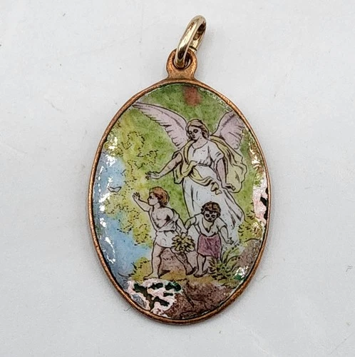 Enameled Copper Guardian Angel Medal Pendant Fancy Jewelry Late 19th Century