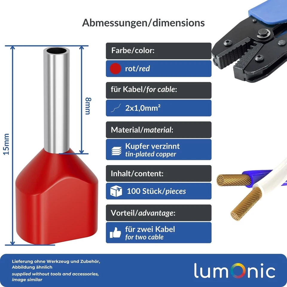 100x Twin Aderendhülse isoliert 2x 1mm² Rot Kupfer verzinnt 2x8mm Hülse - Bild 2 von 4