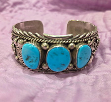 Ben Begay Signed 925 Sterling Silver Turquoise 3-Stone Bezel Cuff Bracelet