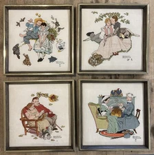 Vintage~Finished Norman Rockwell Cross Stitch LOT~4 Seasons Of Love Series~12x12
