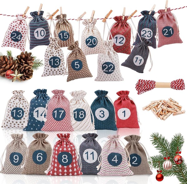 Adventskalender Stoff 24 Bedruckte SäCkchen Zum BefüLlen Weihnachten Geschenk-image