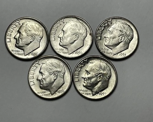 Lot Of 5 Roosevelt Silver Dimes 1954-P 3/1955-D 1957-D 10C Coins UNC