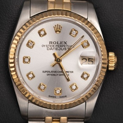 Rolex Datejust 68273 Kannelierte Lünette Uhr 31mm Silber Diamant Zifferblatt