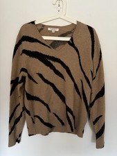 Marks and Spencer Women's Beige Animal Print Cashmere Jumper Medium V Neck