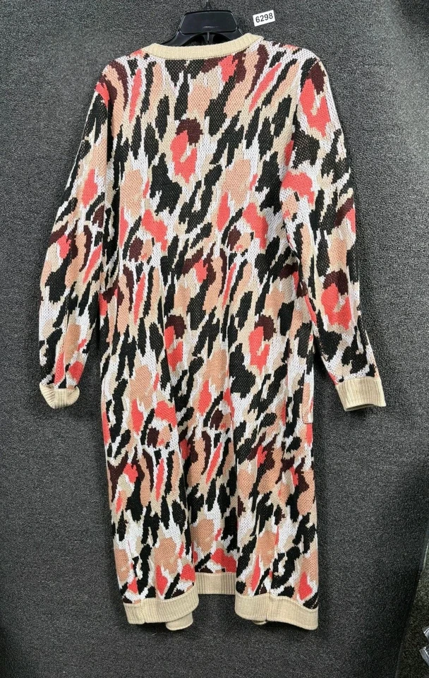 Boston Proper Sweater Womens Large Tan Animal Print Long Open Front Cardigan - Image 3 of 4