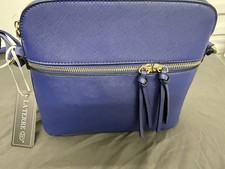LA TERRE Blue Shoulder Bag Tassel Zipper Accent Gold Hardware Bottom Studs Women