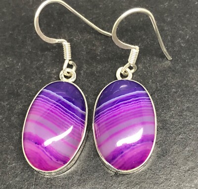 Purple Pink banded agate drop earrings solid Sterling silver oval, funky, box.